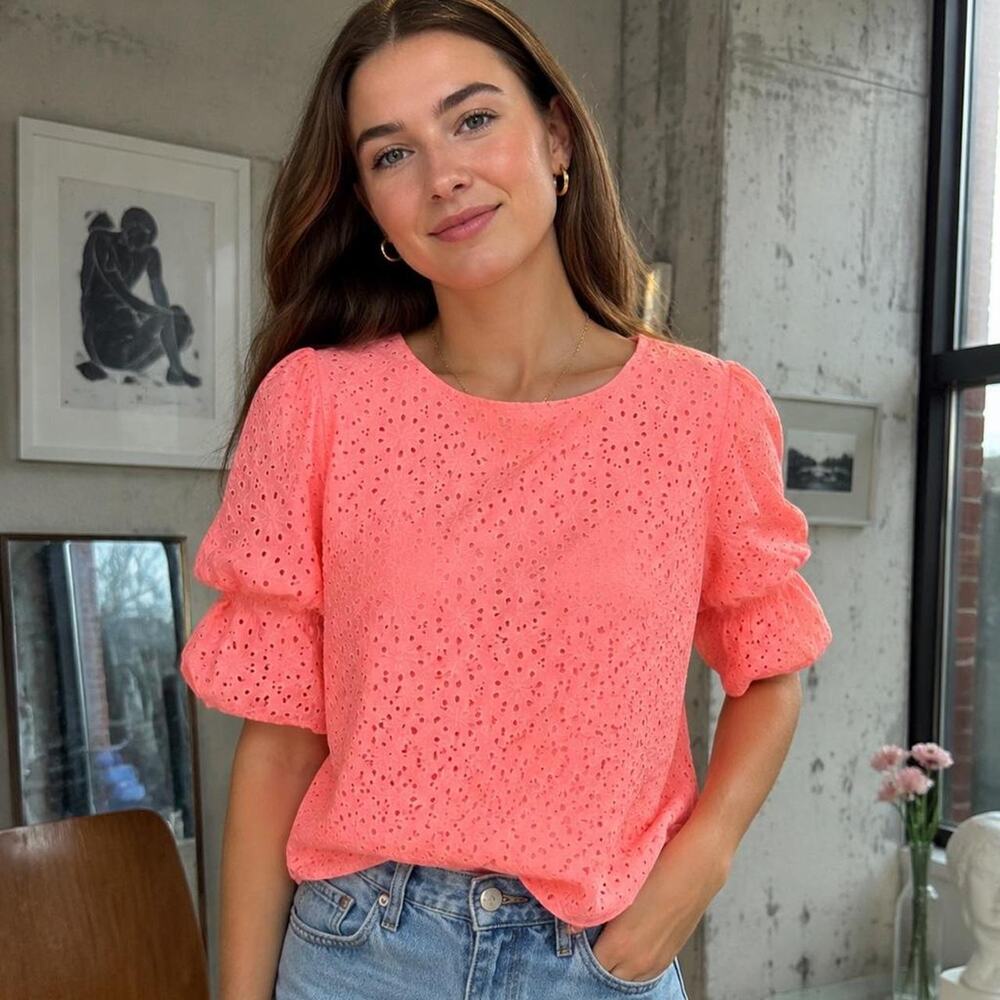Lilly Pulitzer Shaila Coral Neon Eyelet Puff Sleeve Blouse XL NWT